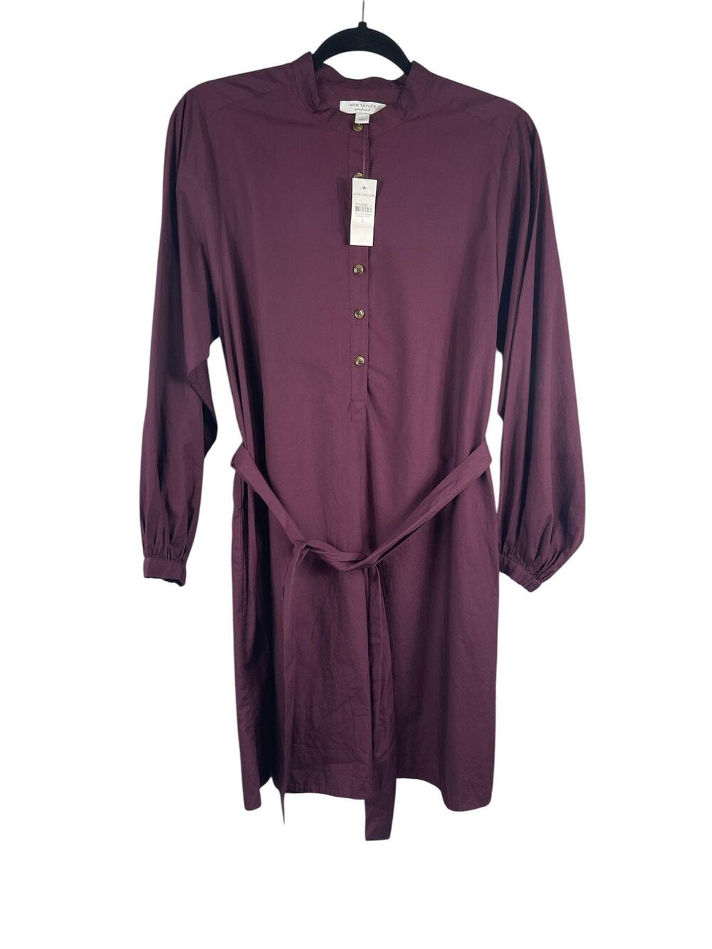 Ann Taylor Shirt Dress Women's Small Purple Cotton Belted Pockets Long Sleeve